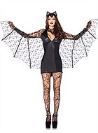 Female bat, costume dress, wet look, floral lace, wings